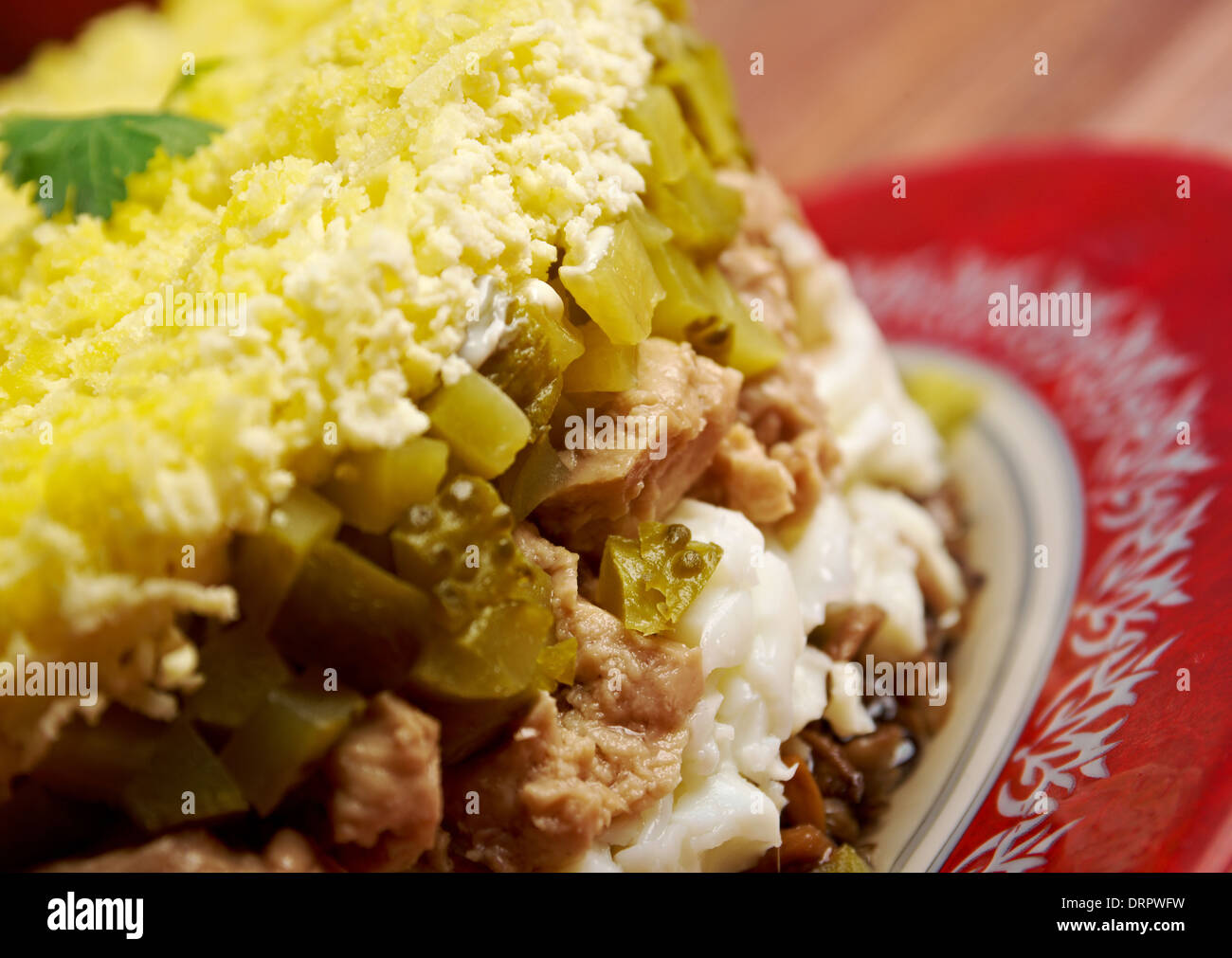 Köstlicher Salat mit Lebertran, Nahaufnahme Stockfoto