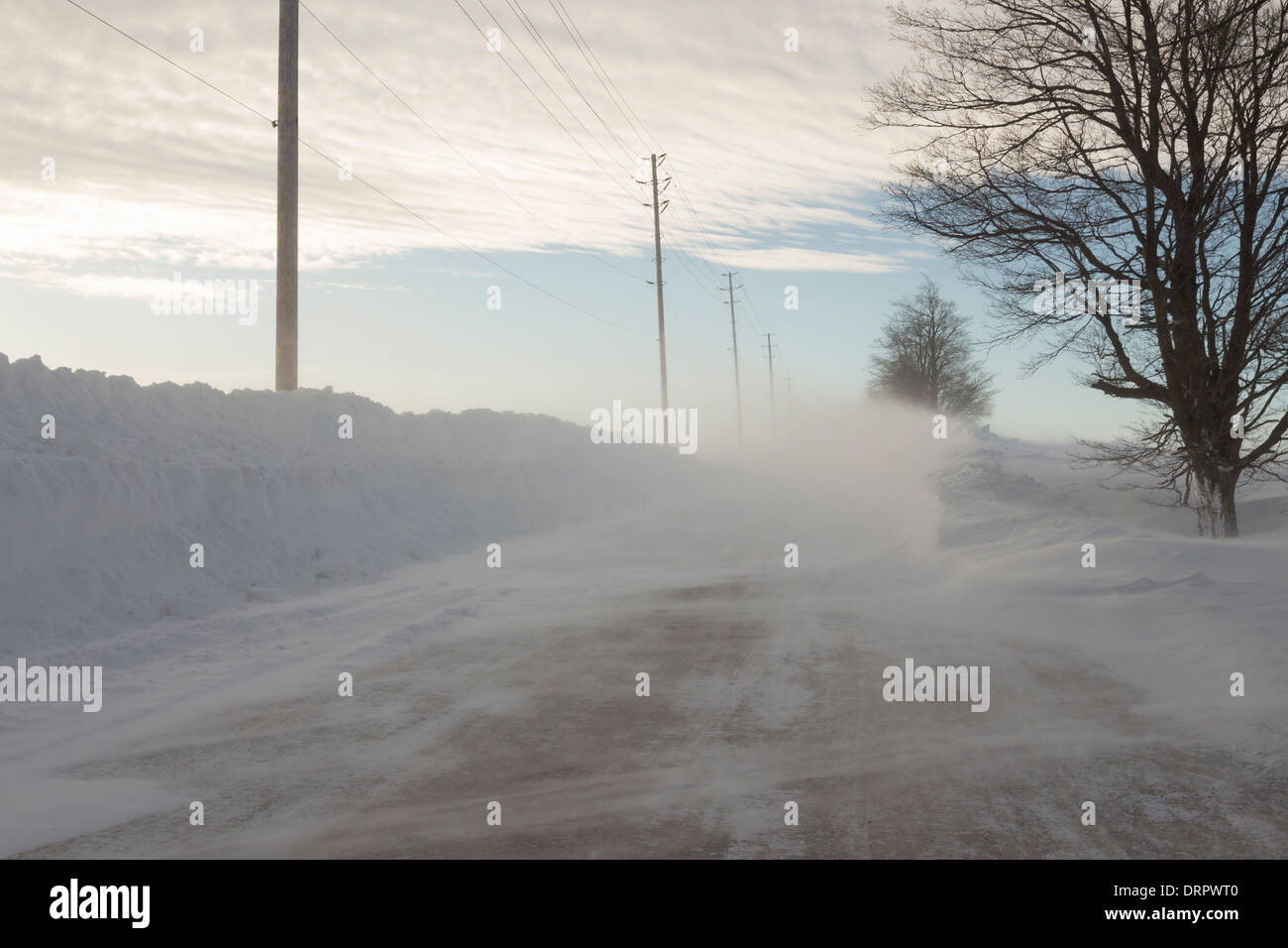 Anhaltende Wind und Schneetreiben Erstellen einer Blizzardes in den ländlichen Gegenden des südlichen Ontario zwingt eine Schließung einiger Straßen Stockfoto