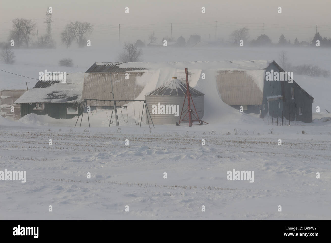 Wind gepeitscht geblasen Schnee umhüllt eine Farm in einem Schneesturm Boden bei extrem kalten Winterwetter Stockfoto