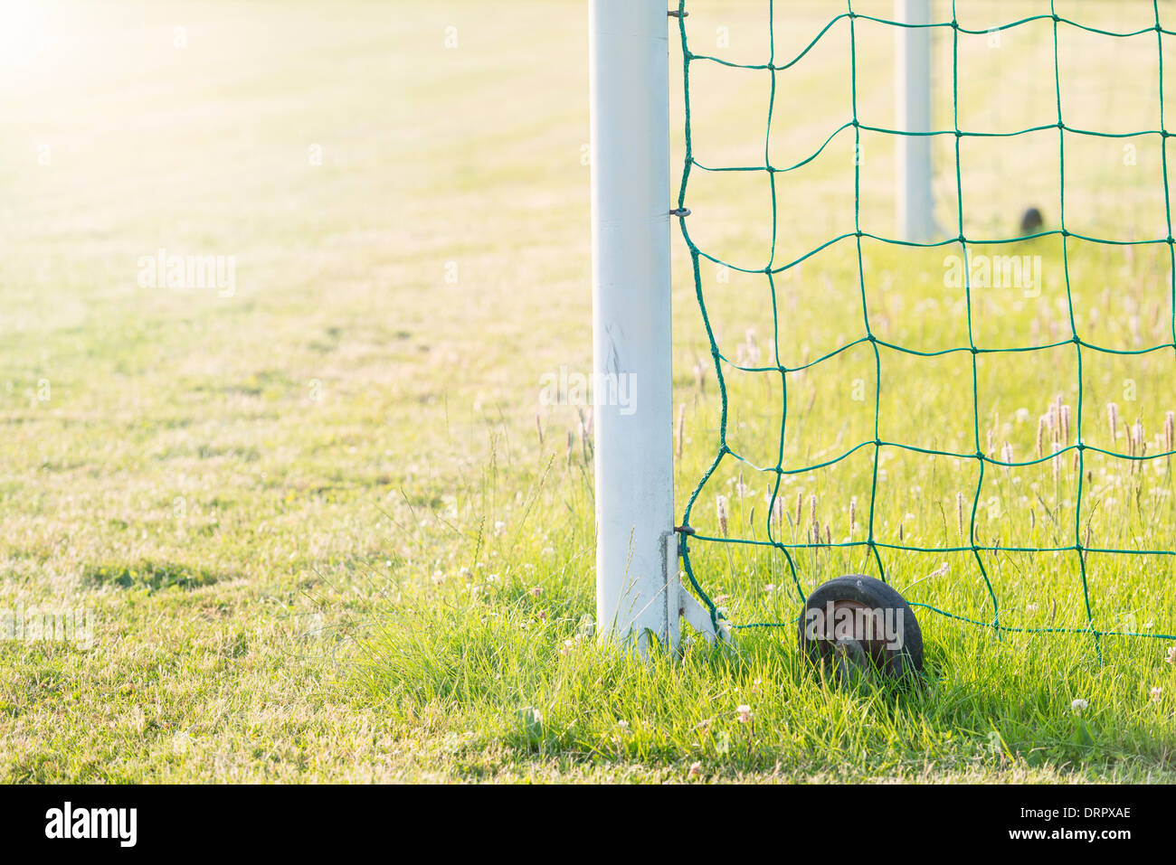 Grasgrün und Torpfosten auf einem Fußballplatz (Fußball) Stockfoto