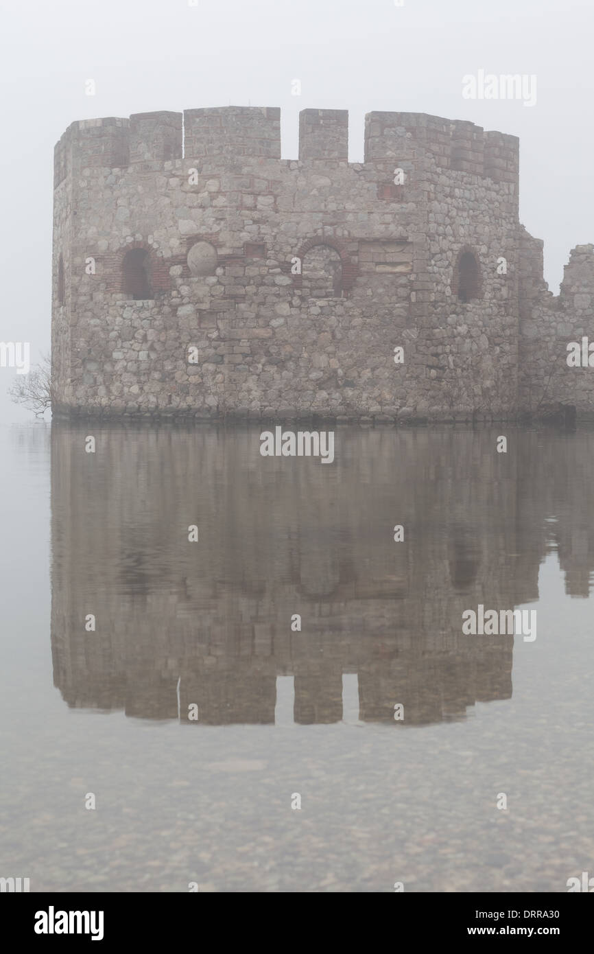 Golubac Festungsturm in Serbien im Nebel Stockfoto