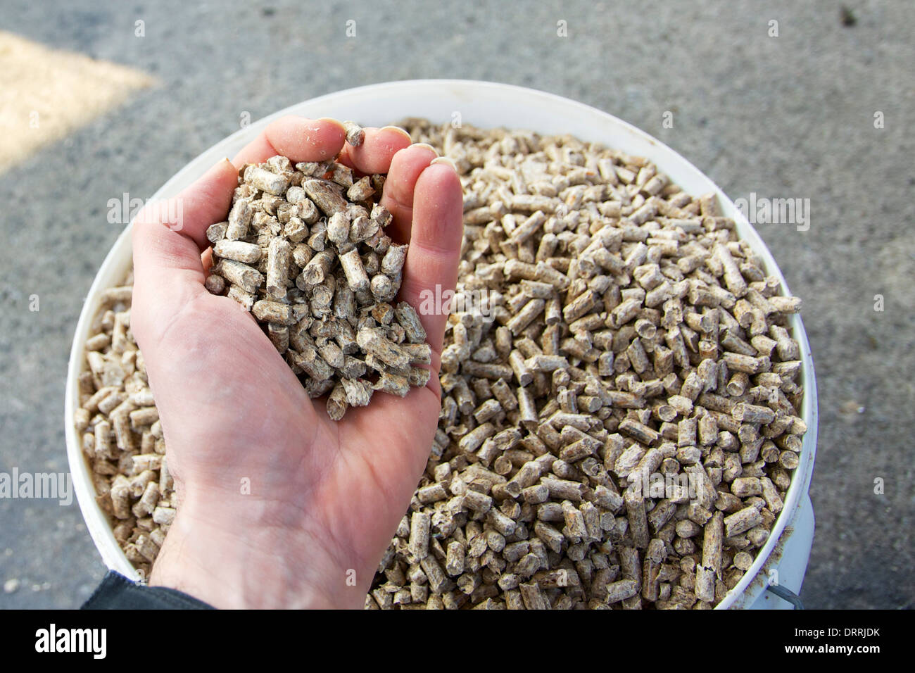 Hand mit Holzpellets. Stockfoto