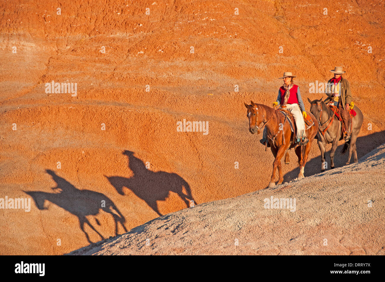 Ein Cowgirl und Cowboy Reiten ihre Pferde im Bereich Painted Hills der Bighorn Mountains of Wyoming Stockfoto