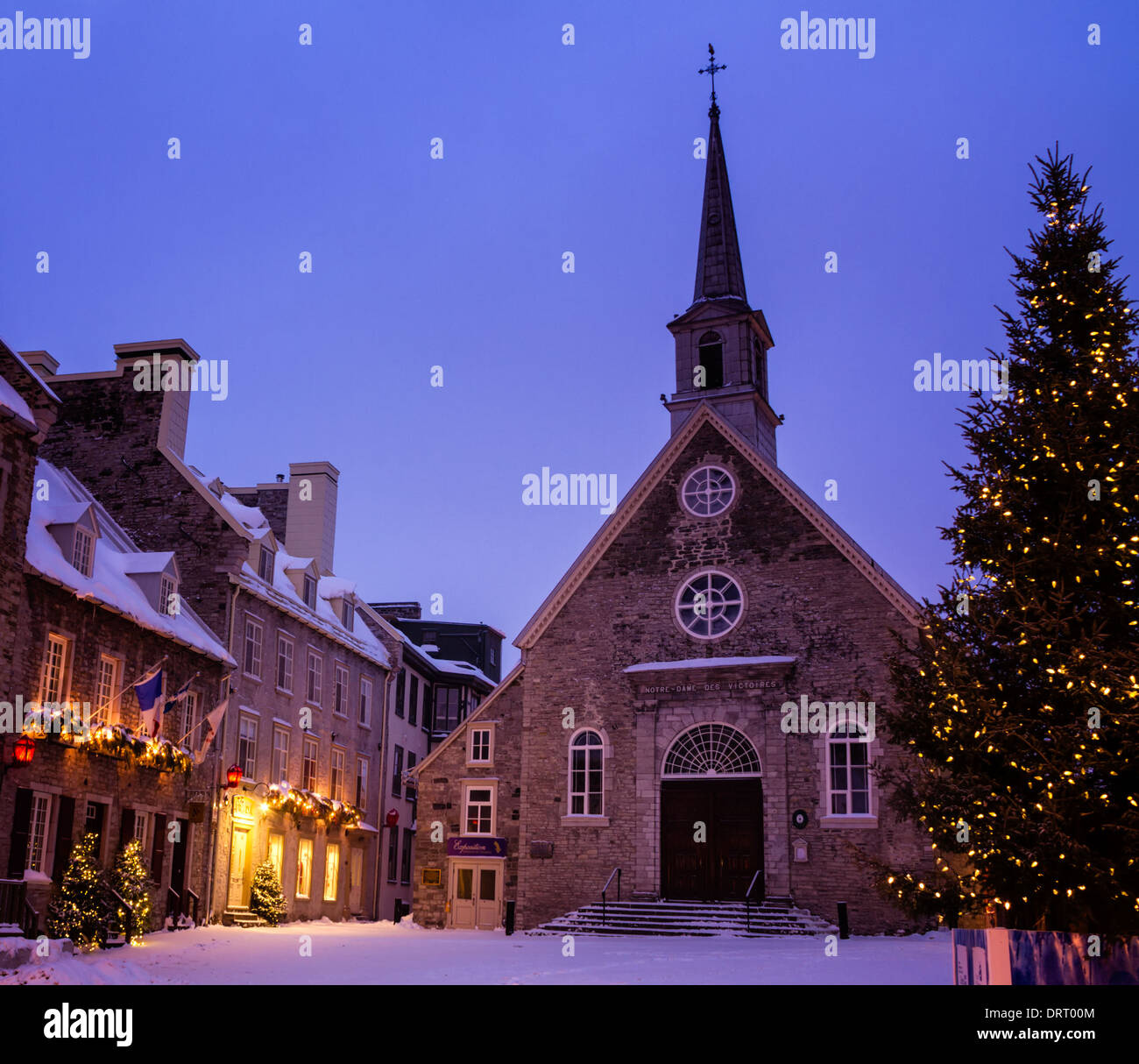 Notre-Dame-des-Victoires während der Weihnachtszeit, senken Sie Stadt, Quebec City, Kanada Stockfoto