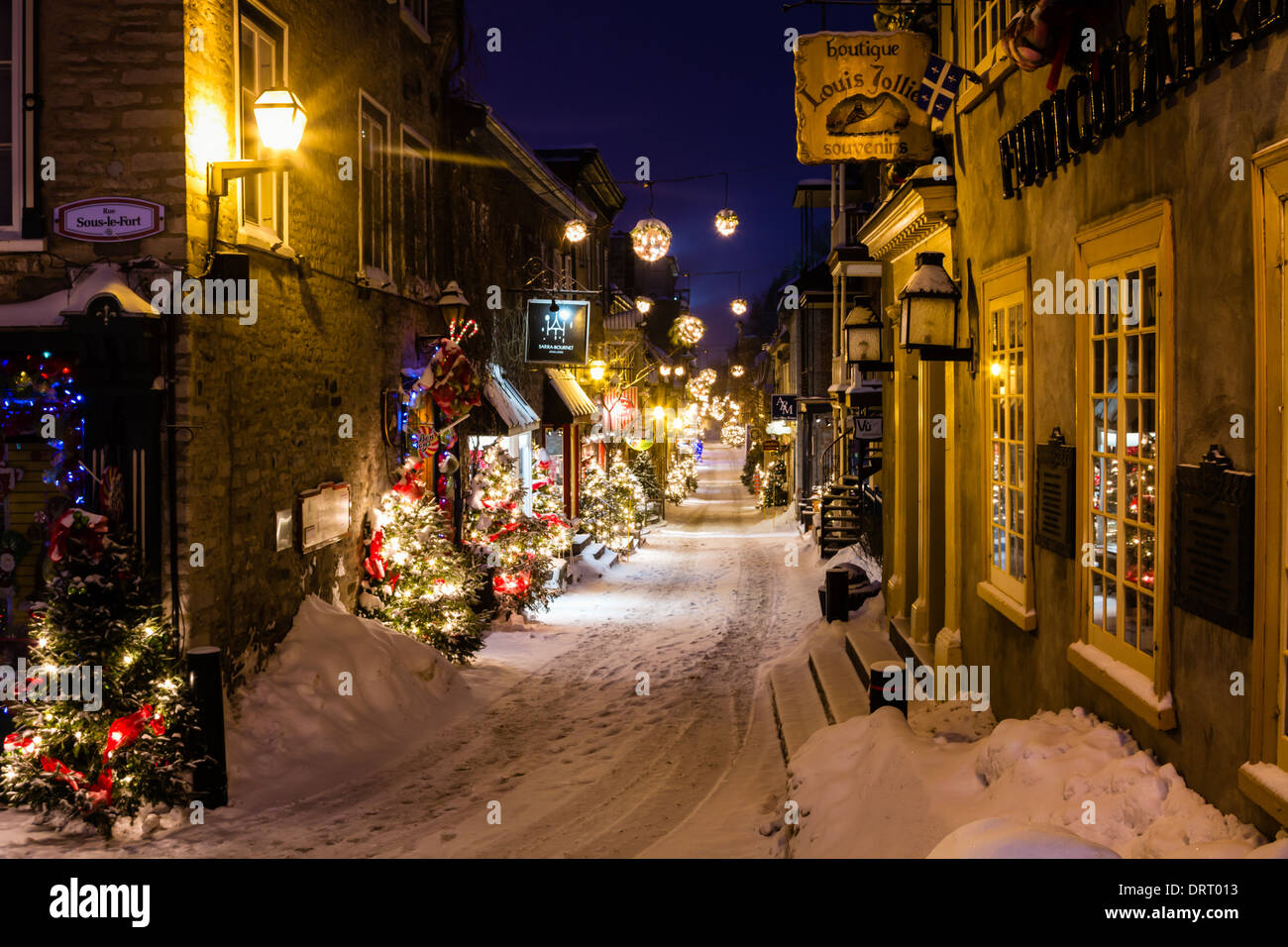 Rue du Petit Champlain während Weihnachten, Unterstadt, Quebec City, Kanada Stockfoto