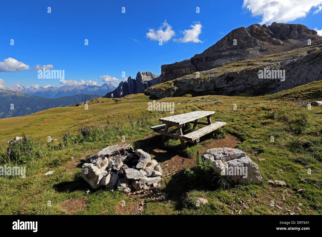 Den Latemar massiv. Sitzbank und Tisch. Alpine Wiesen. Die Dolomiten des Trentino. Italien. Stockfoto