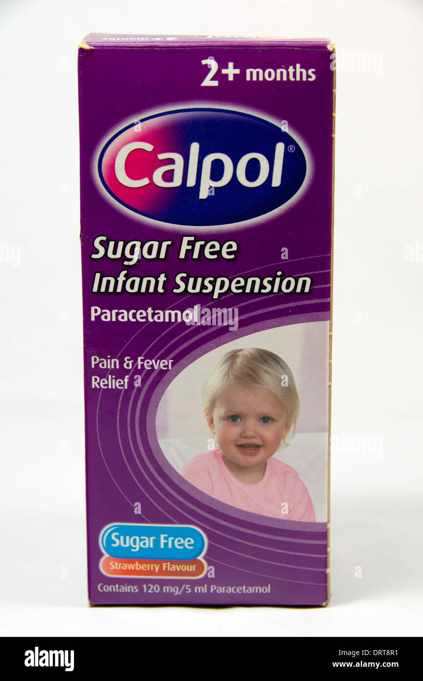 Calpol Zucker frei Paracetamol Medizin für Kinder 2 Monate und oben. Stockfoto