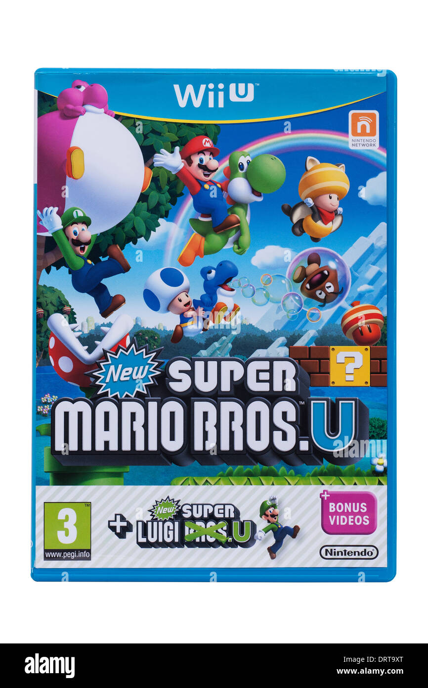 Ein Nintendo Wii U super Mario Bros-Computerspiel auf weißem Hintergrund Stockfoto
