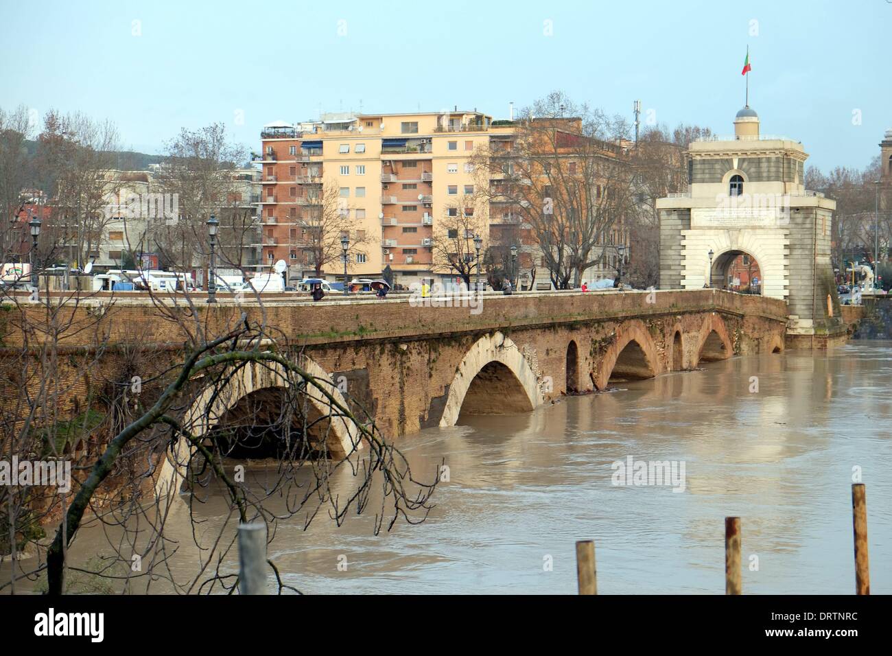 Rom, Italien. 1. Februar 2014. Unwetter-Warnung in Italien. Hochwasser des Flusses Tiber an der Milvischen Brücke, Credit: wirklich Easy Star/Alamy Live News Stockfoto
