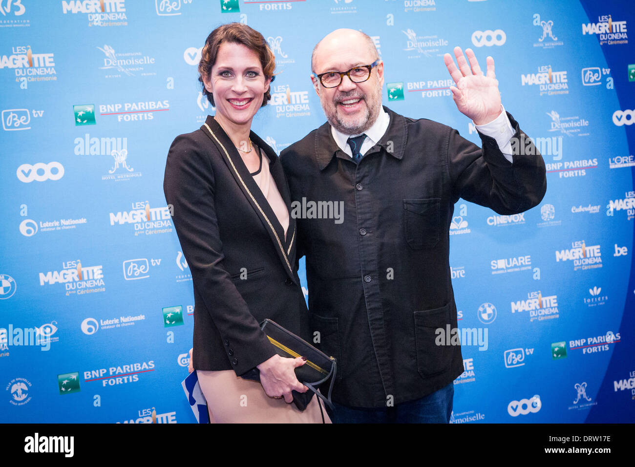 Brüssel, Belgien. 1. Februar 2014. Stefan Liberski, Autor, Regisseur und Humorist mit seiner Frau bei der 4. Verleihung der Magrittes feiert das Beste aus der belgischen Filmindustrie. Aurore Belot/NurPhoto/ZUMAPRESS.com/Alamy © Live-Nachrichten Stockfoto