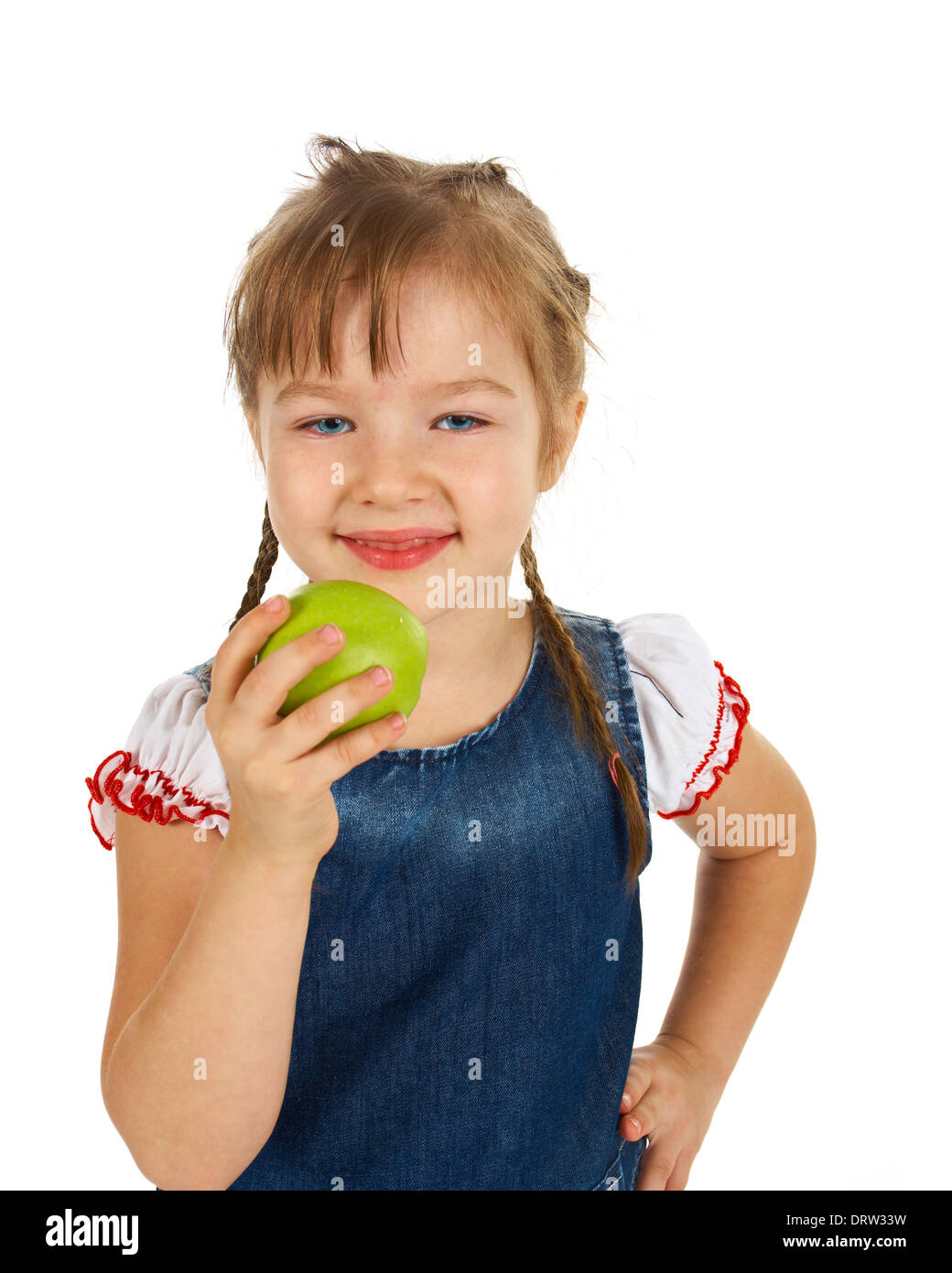 schönes Lächeln kaukasische Mädchen Kind hält eine apple.isolated auf weiß Stockfoto