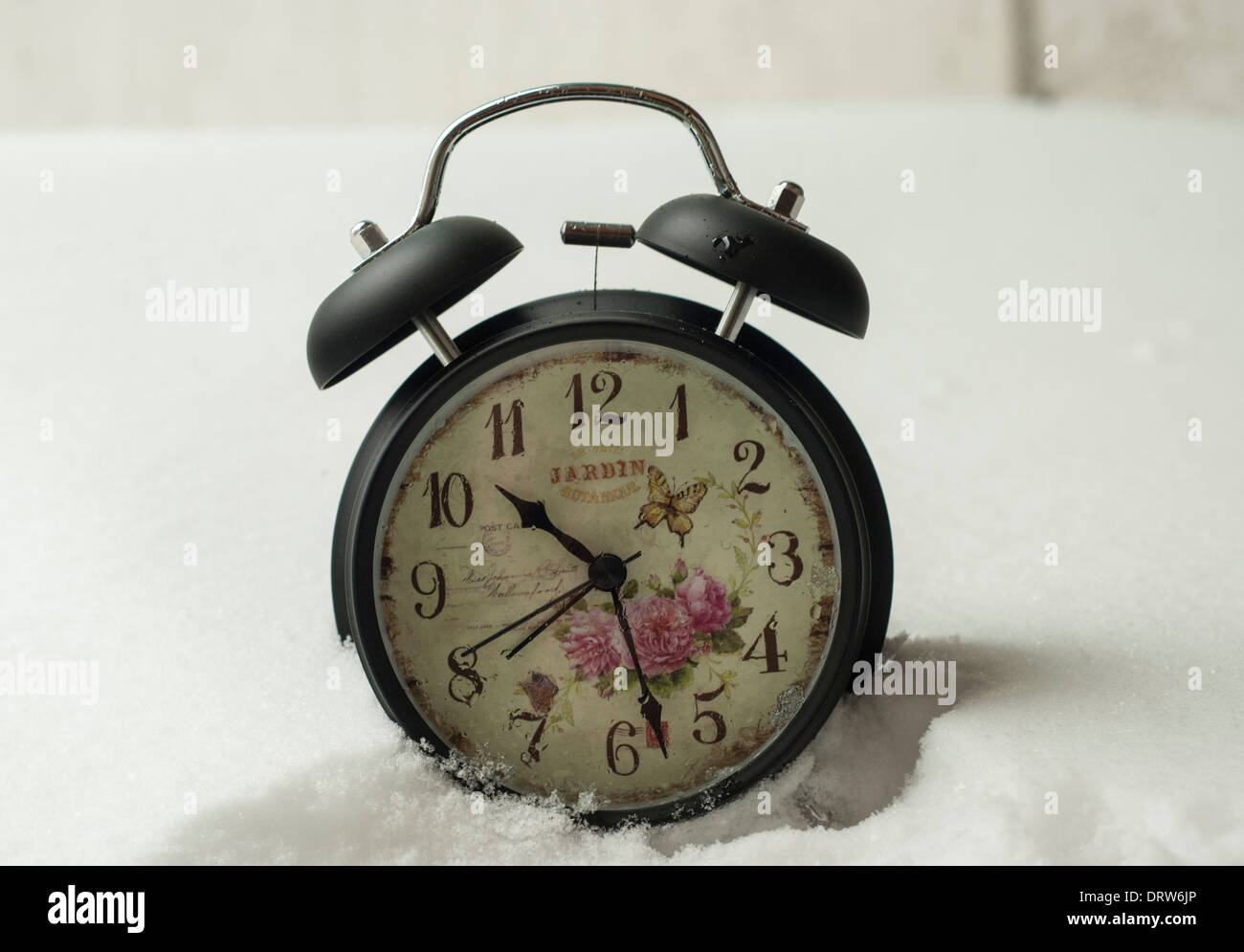 Vitage Uhr Schnee weiße Retro-schwarze rose Schmetterling Alarm Wohnkultur Stockfoto
