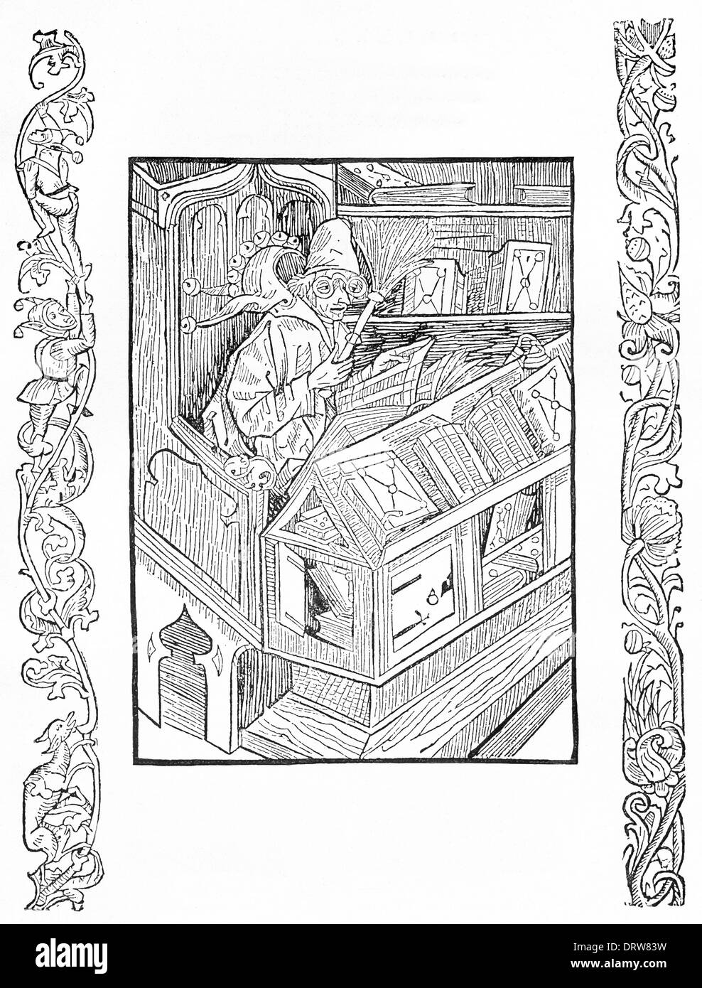Ein Holzschnitt und einfachen Rahmen aus der Erstausgabe Brantss Narrenschiff (Ship of Fools) – von Basel im Jahre 1494. Stockfoto