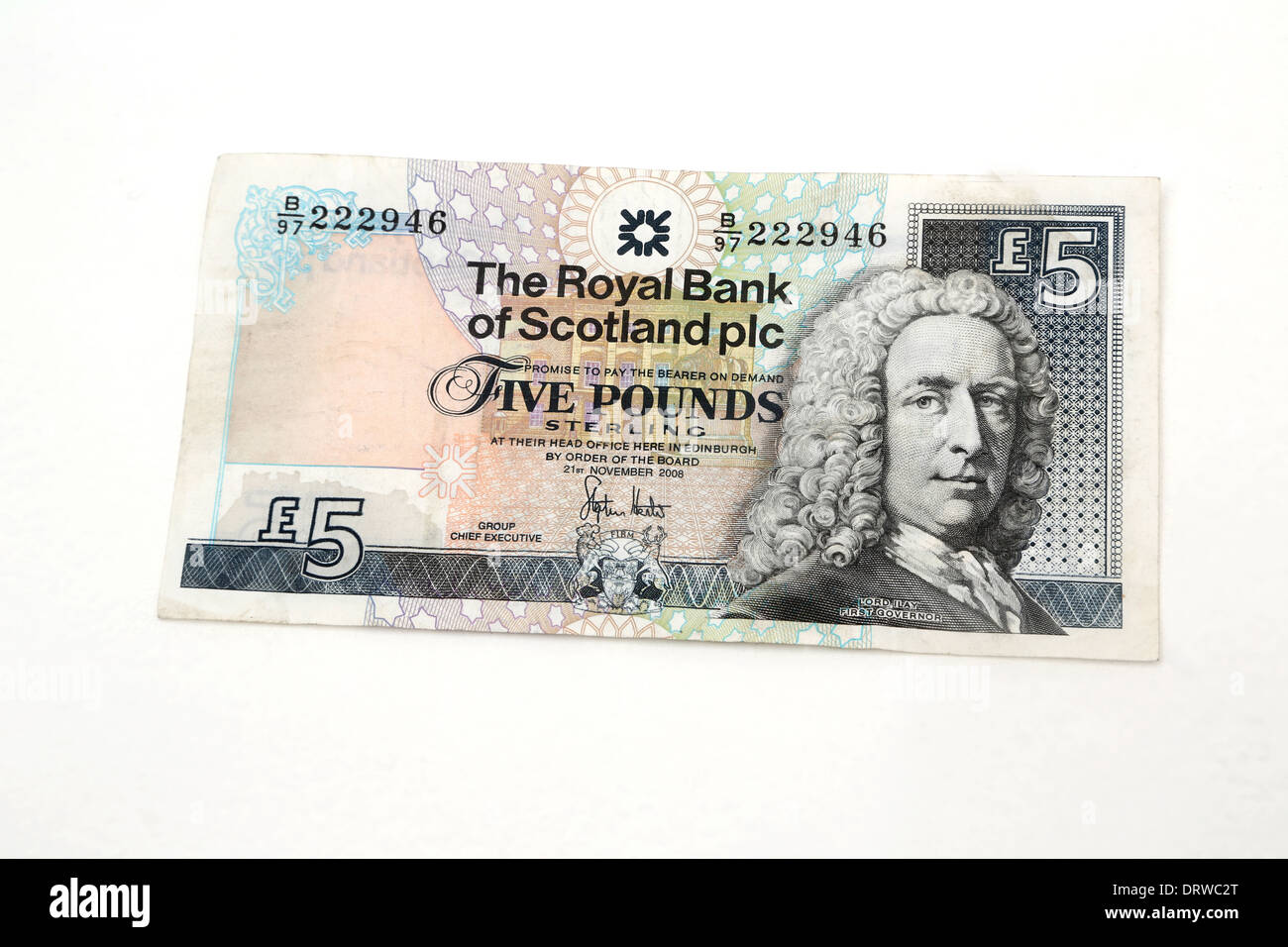 Royal Bank Of Scotland-fünf-Pfund-Note mit Bild von Herrn Islay erster Gouverneur Stockfoto