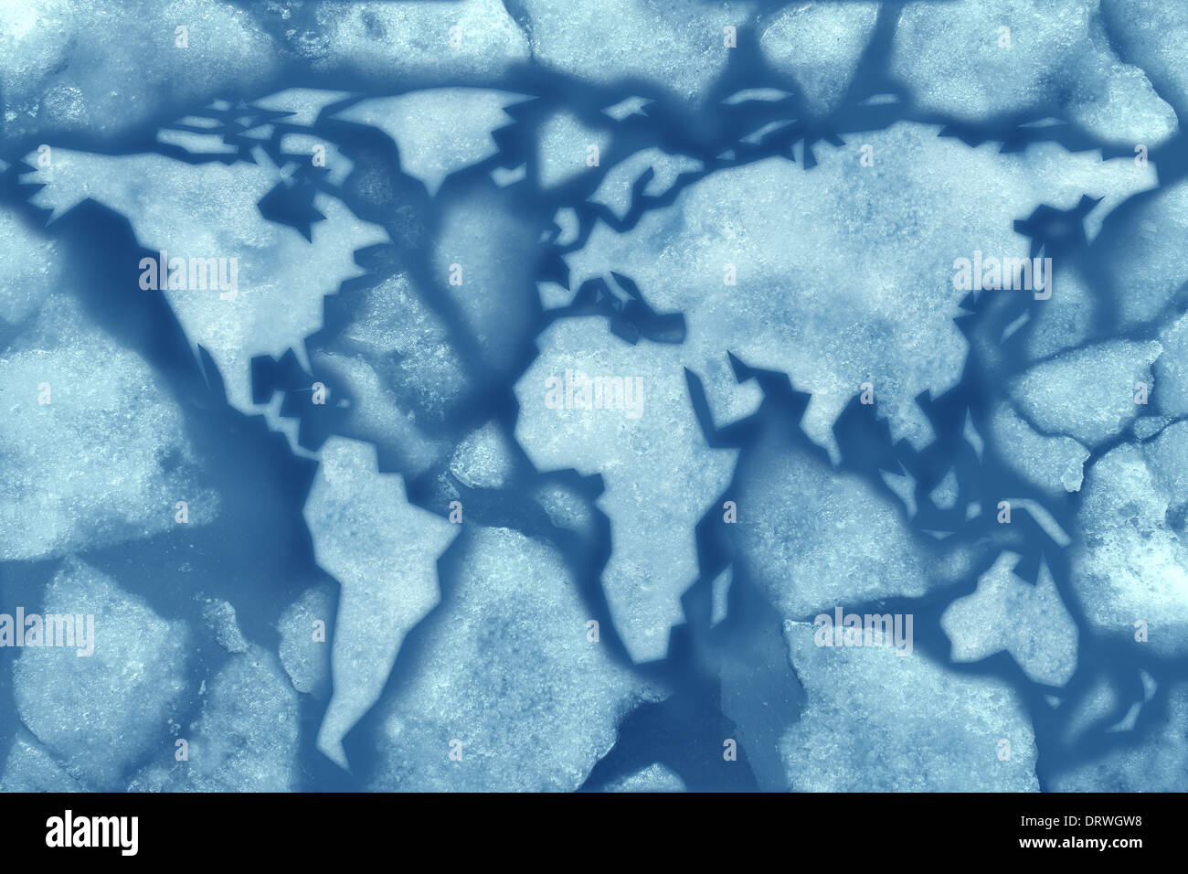 Klimakonzept Änderung Global Einfrieren mit gebrochenem Eis in Kälte Gefrieren von Wasser als ein Welt-Karte-Symbol als Metapher für Rekord-frigide unterhalb Null Wetter beeinflussen die Temperatur des Planeten geformt. Stockfoto
