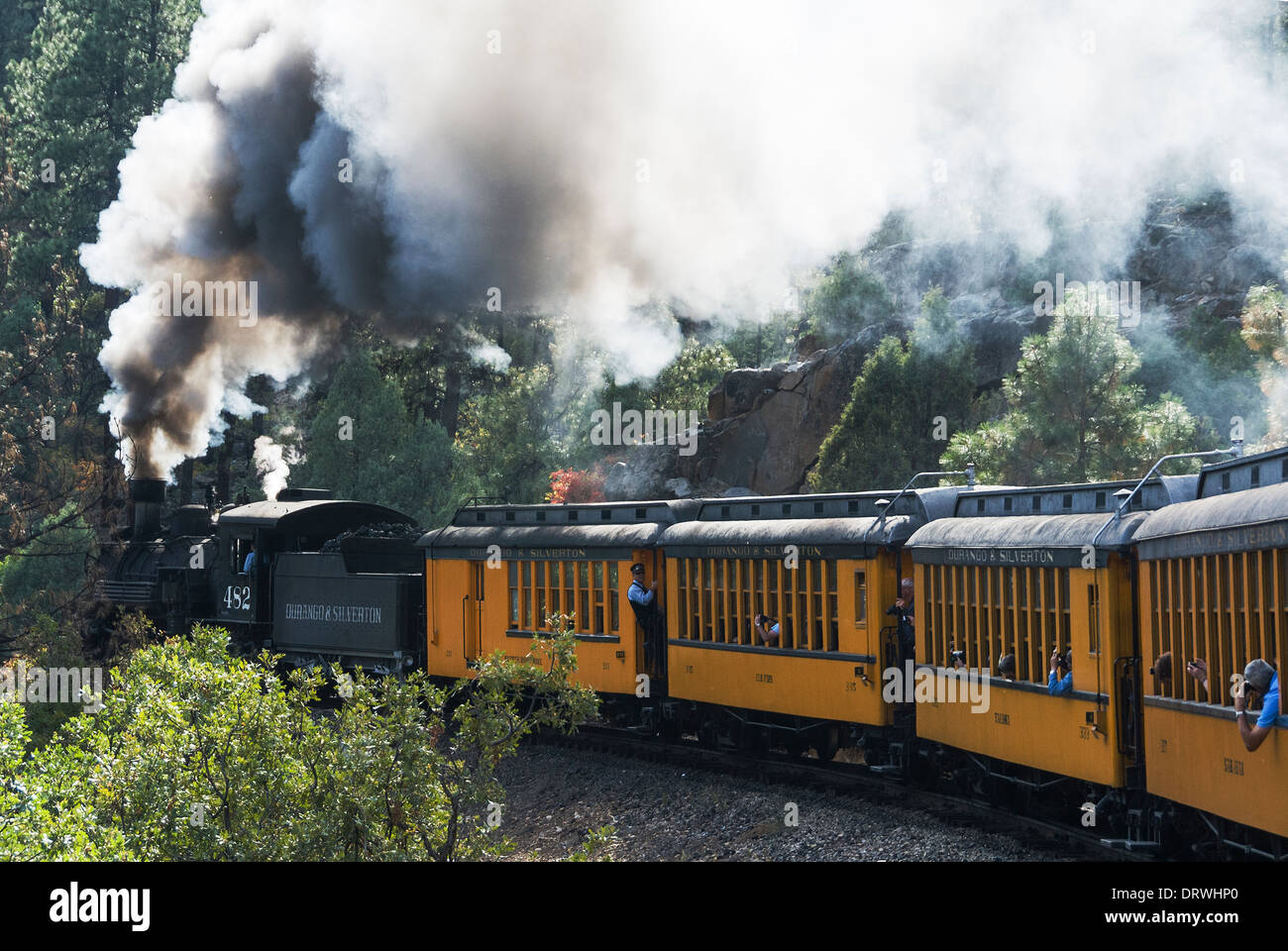 Dampfmaschine, die Richtung Süden Durango-Silverton Zug Colorado USA Stockfoto