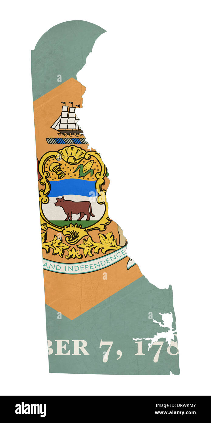 Grunge Bundesstaat Delaware Flagge Karte isoliert auf einem weißen Hintergrund, U.S.A. Stockfoto