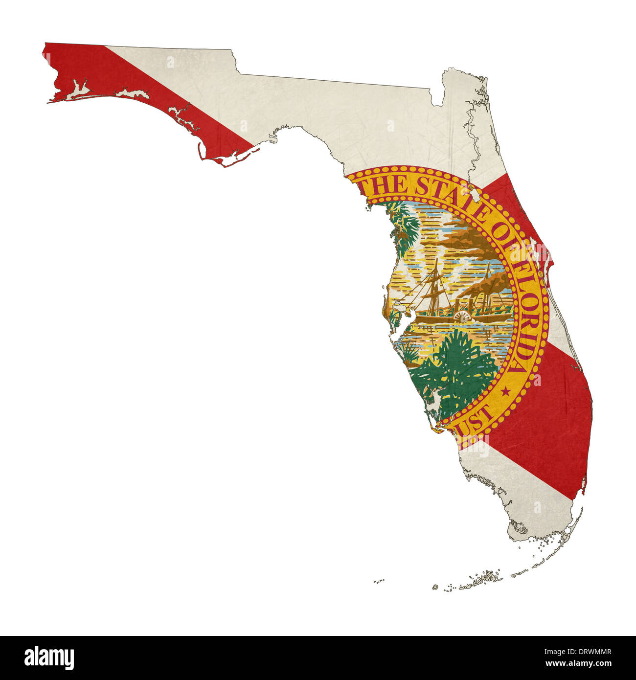 US-Bundesstaat Florida Grunge Flagge Karte isoliert auf einem weißen Hintergrund, U.S.A. Stockfoto