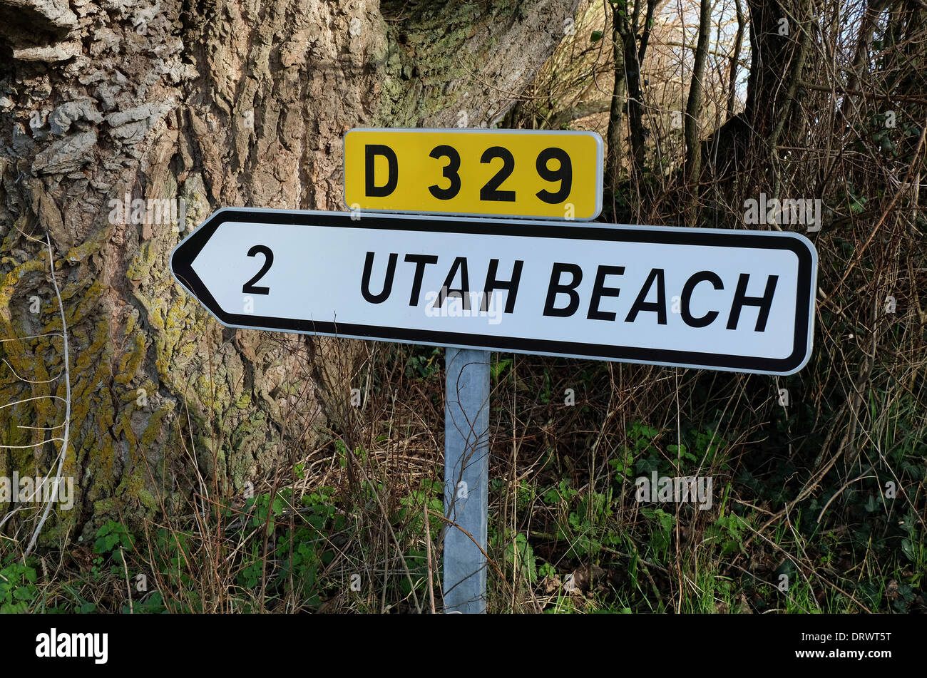 Utah Beach Straßenschild, Normandie, Frankreich Stockfoto