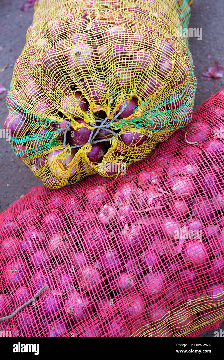 Rote Zwiebeln in Säcken in einem indischen Dorf-Markt. Andhra Pradesh, Indien Stockfoto