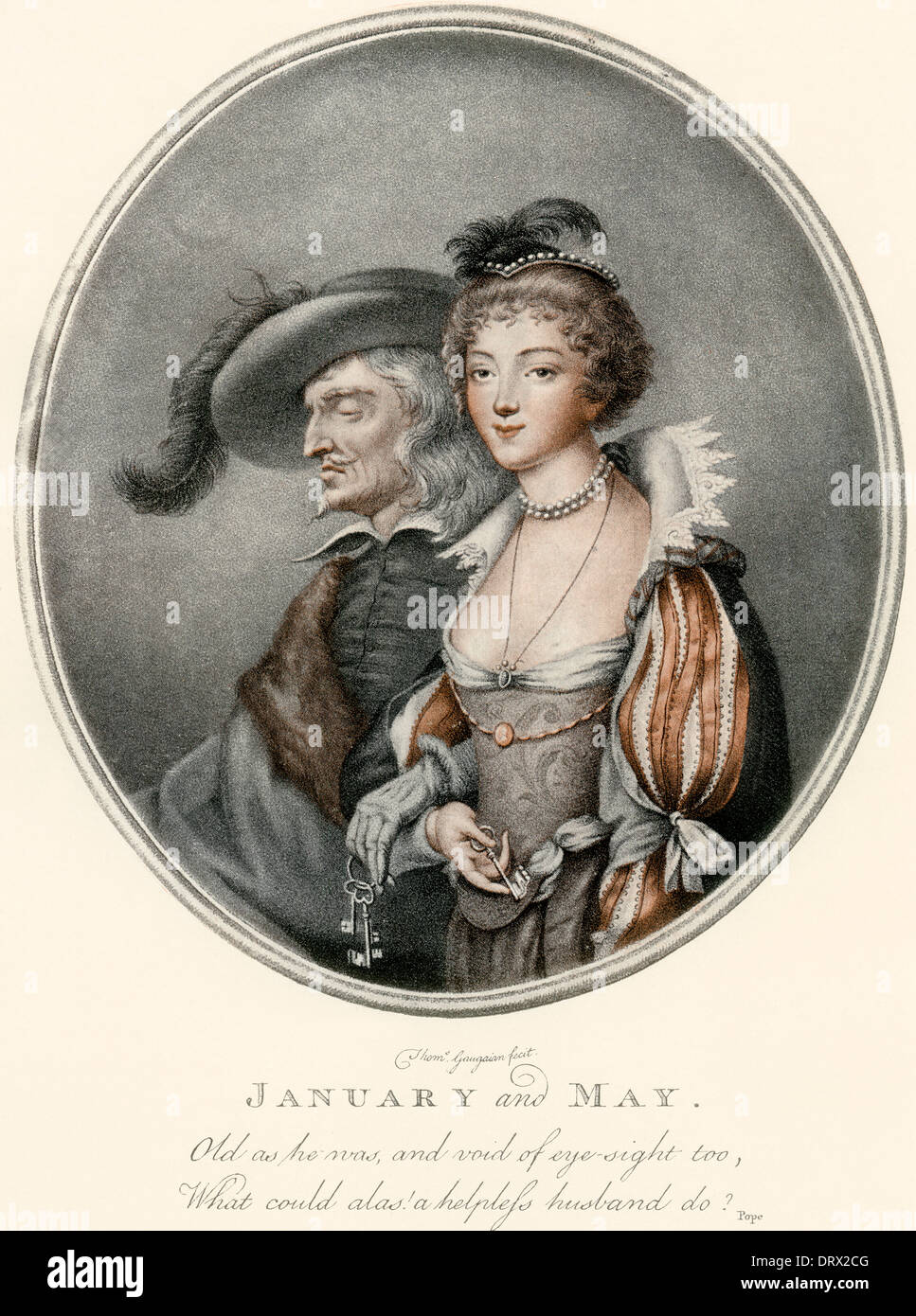 Eine Illustration, Darstellung der alte Mann und seine junge Braut aus Chaucers The Merchant Tale aka Januar bis Mai. Stockfoto