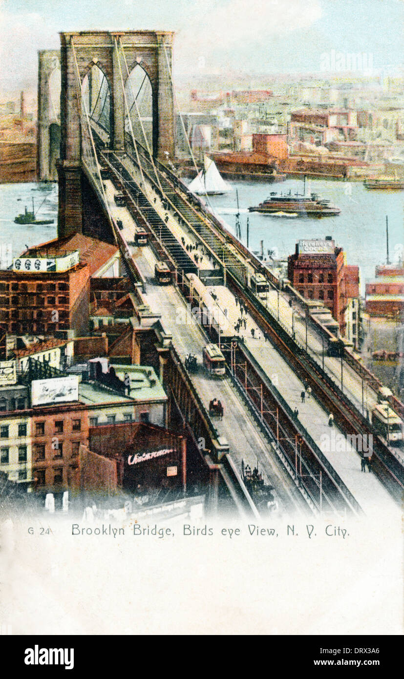 Historische vintage Postkarte Bild Illustration vertikale Vogelperspektive über Die Brooklyn Bridge in New York City NYC NY City USA Stockfoto