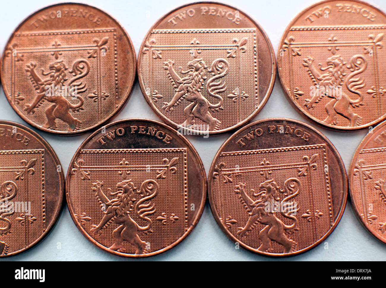 Zwei Pence Münzen, London Stockfoto