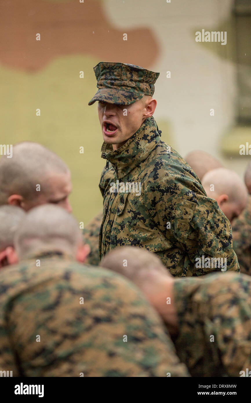 US Marine Corps Drill Instructor schreit Anweisungen an die Rekruten nach dem Beenden der Gaskammer während Bootcamp 13. Januar 2014 in Parris Island, SC. Stockfoto