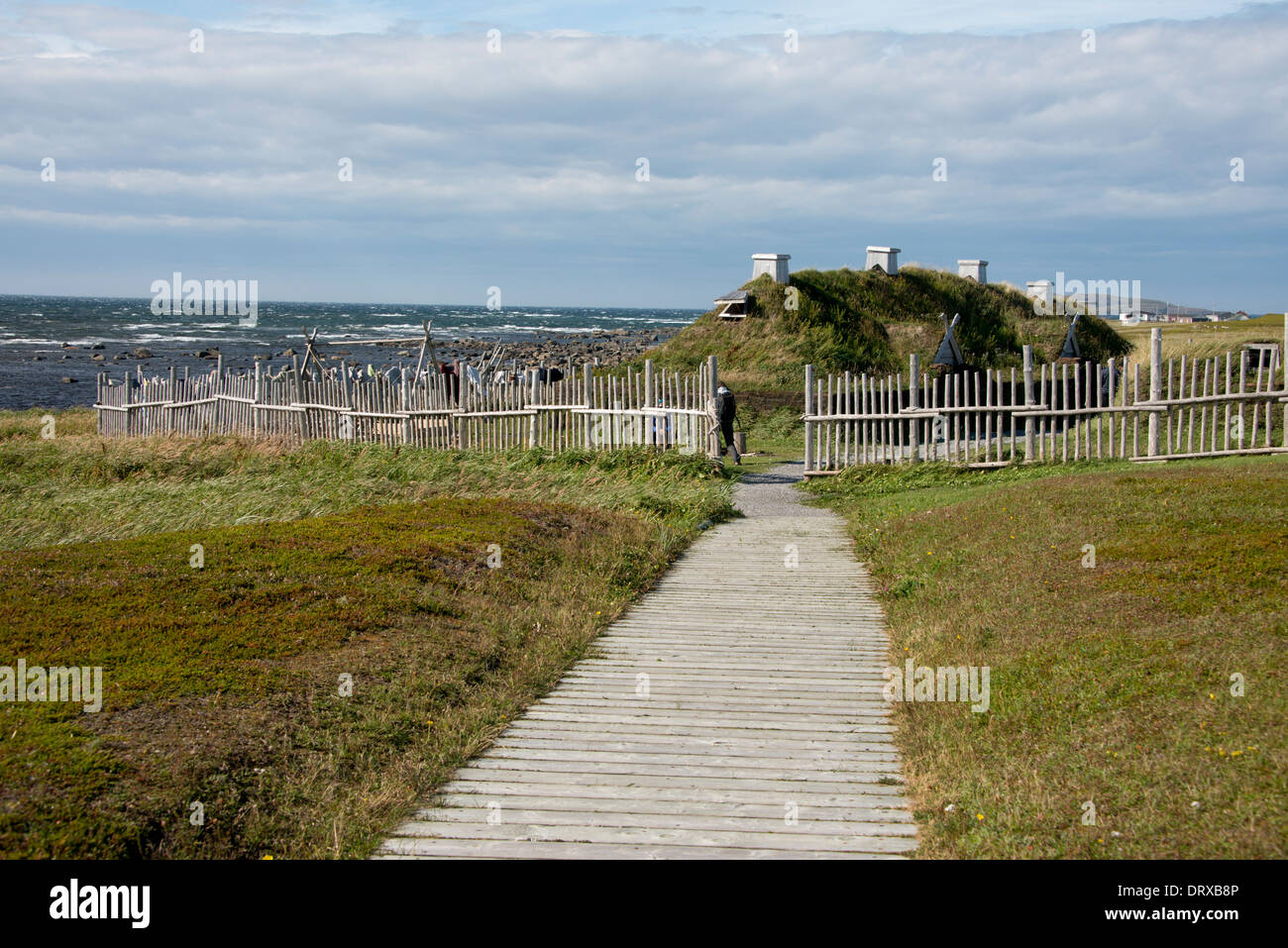 Kanada, Neufundland, l ' Anse Aux Meadows National Historic Site. Küsten Blick auf Park Promenade zum rekonstruierten Dorf. Stockfoto