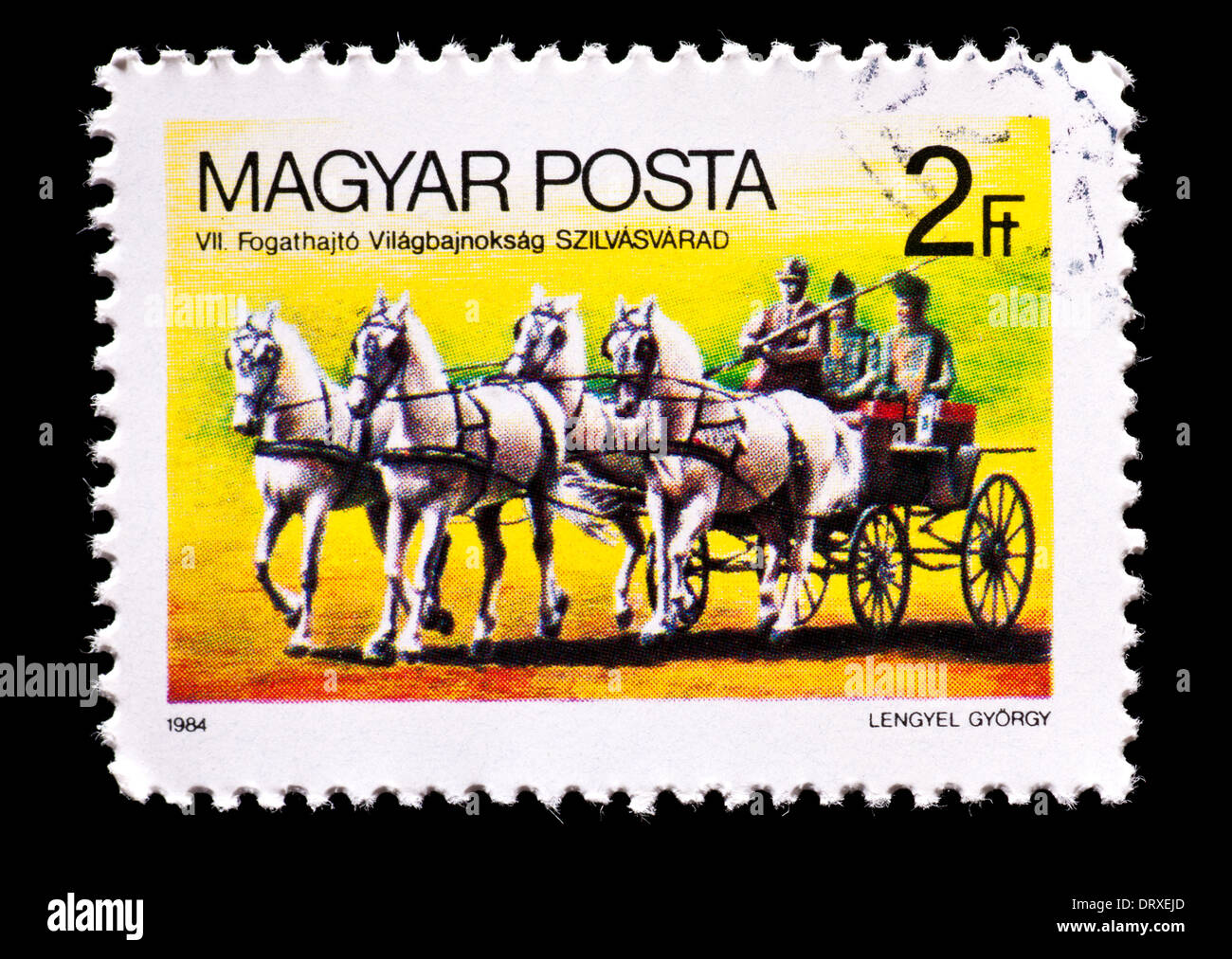 Briefmarke aus Ungarn mit einem Pferd-Team Gefahren Kutsche für Pferd-Mannschafts-WM, Szilvasvarad ausgestellt Stockfoto