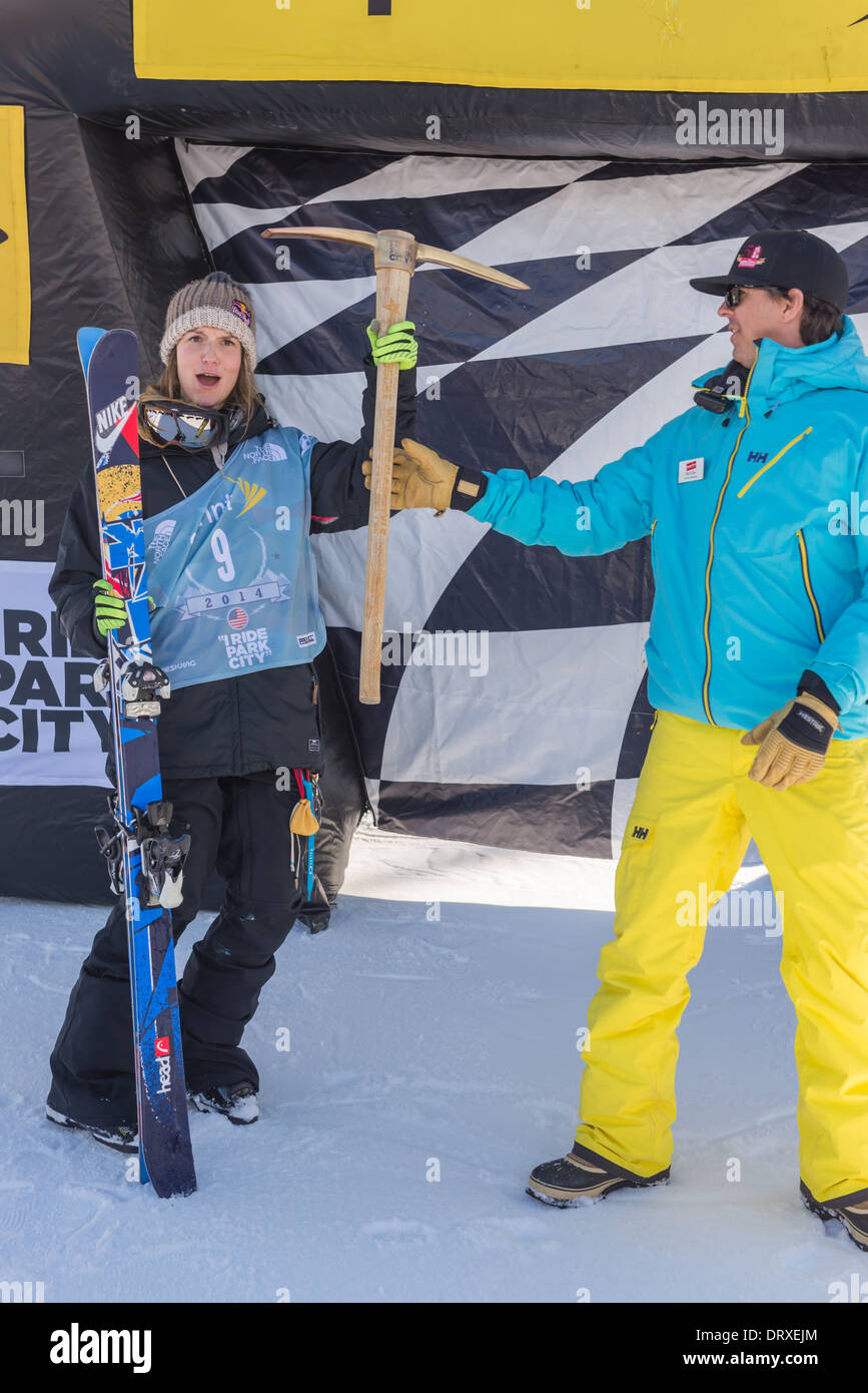 Kaya Turski Podien auf 2014 US Grand Prix Freeskiing, Park City Mountain Resort, Park City, Utah, USA Stockfoto