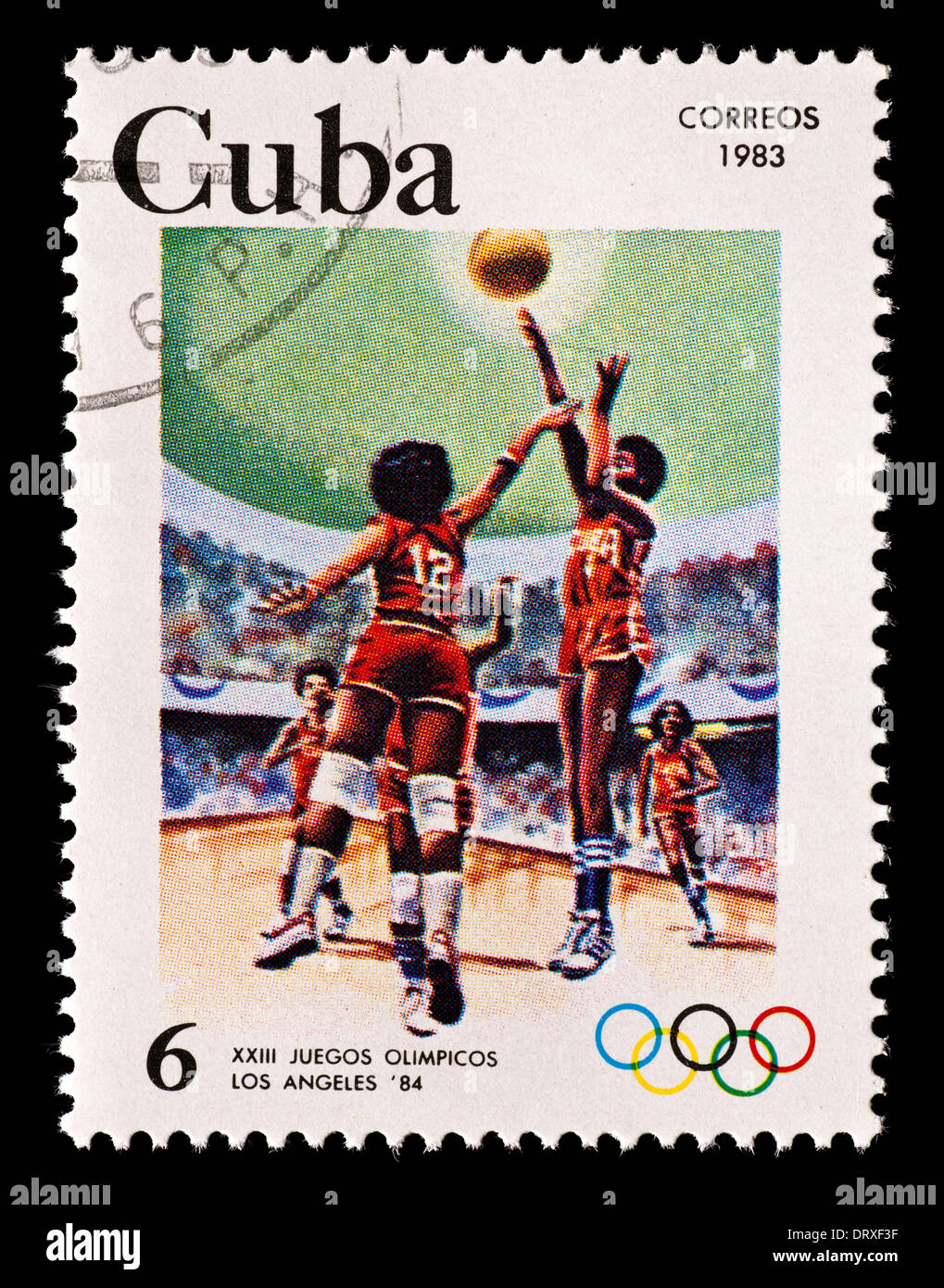 Briefmarke aus Kuba mit Basketball-Spieler, für die Olympischen Spiele 1984 in Los Angeles ausgestellt. Stockfoto