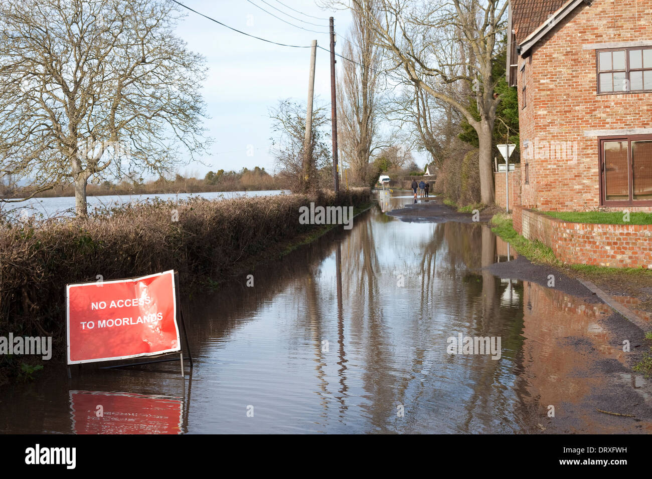 Weg zum Moor Dorf von Überschwemmungen auf der Somerset Ebene bei Burrowbridge blockiert Stockfoto