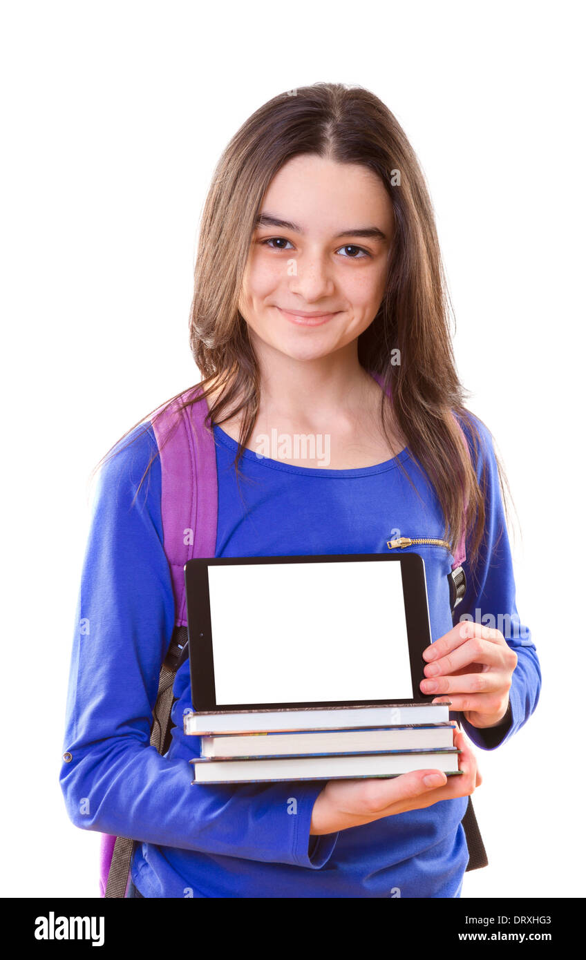 Teenager-Mädchen mit Rucksack und digital-Tablette in ihren Händen. Stockfoto