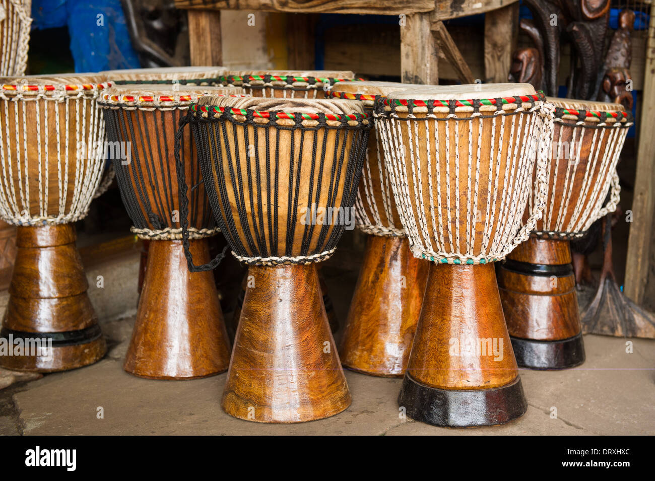 Drums, Royal Albert Markt, Banjul, Gambia Stockfoto