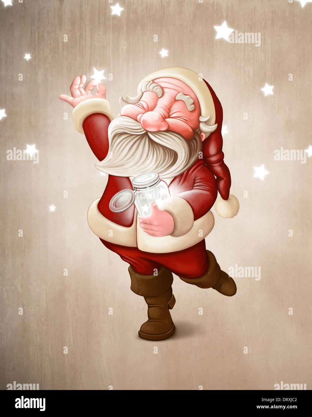 Santa Claus sammelt die leuchtenden Sterne Stockfoto