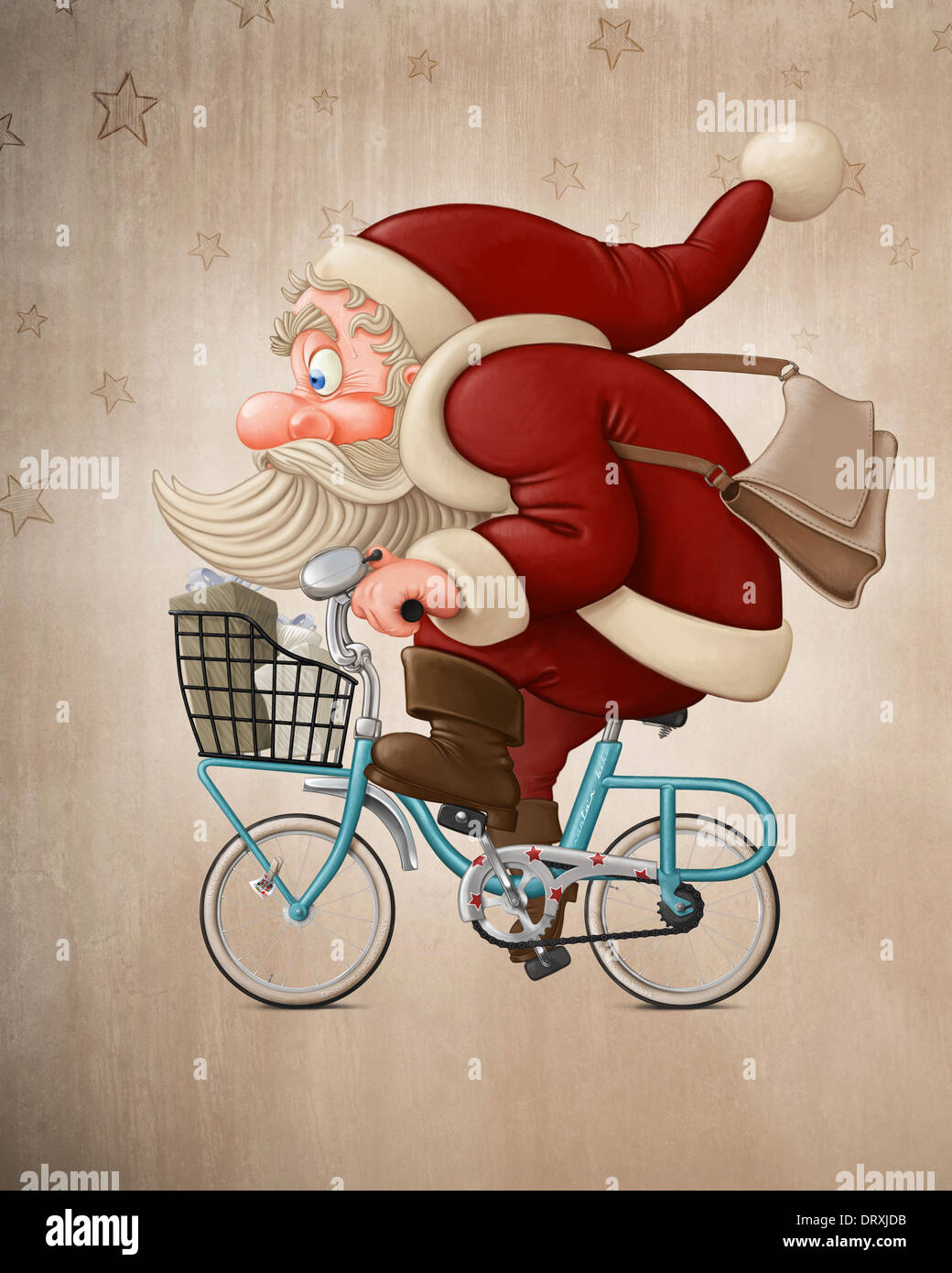 Weihnachtsmann fährt Fahrrad bis zur Auslieferung der Geschenke Stockfoto