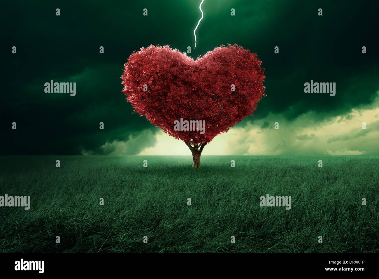 Baum in der Form von Herzen, die von einem Blitz getroffen Stockfoto