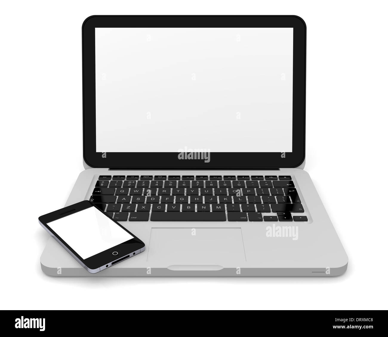 Smartphone auf der Oberseite Laptop, beide mit leere Bildschirme, auf weißem Hintergrund Stockfoto