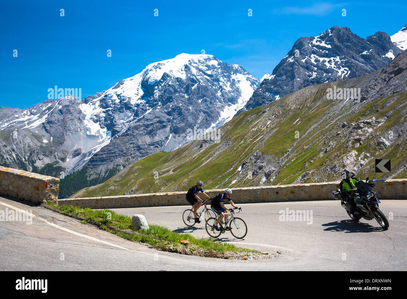 Radfahrer fahren Roadbikes hinter Motorrad bergauf auf der Stelvio Pass,  Passo Dello Stelvio, Stilfser Joch, in den Alpen, Italien Stockfotografie -  Alamy