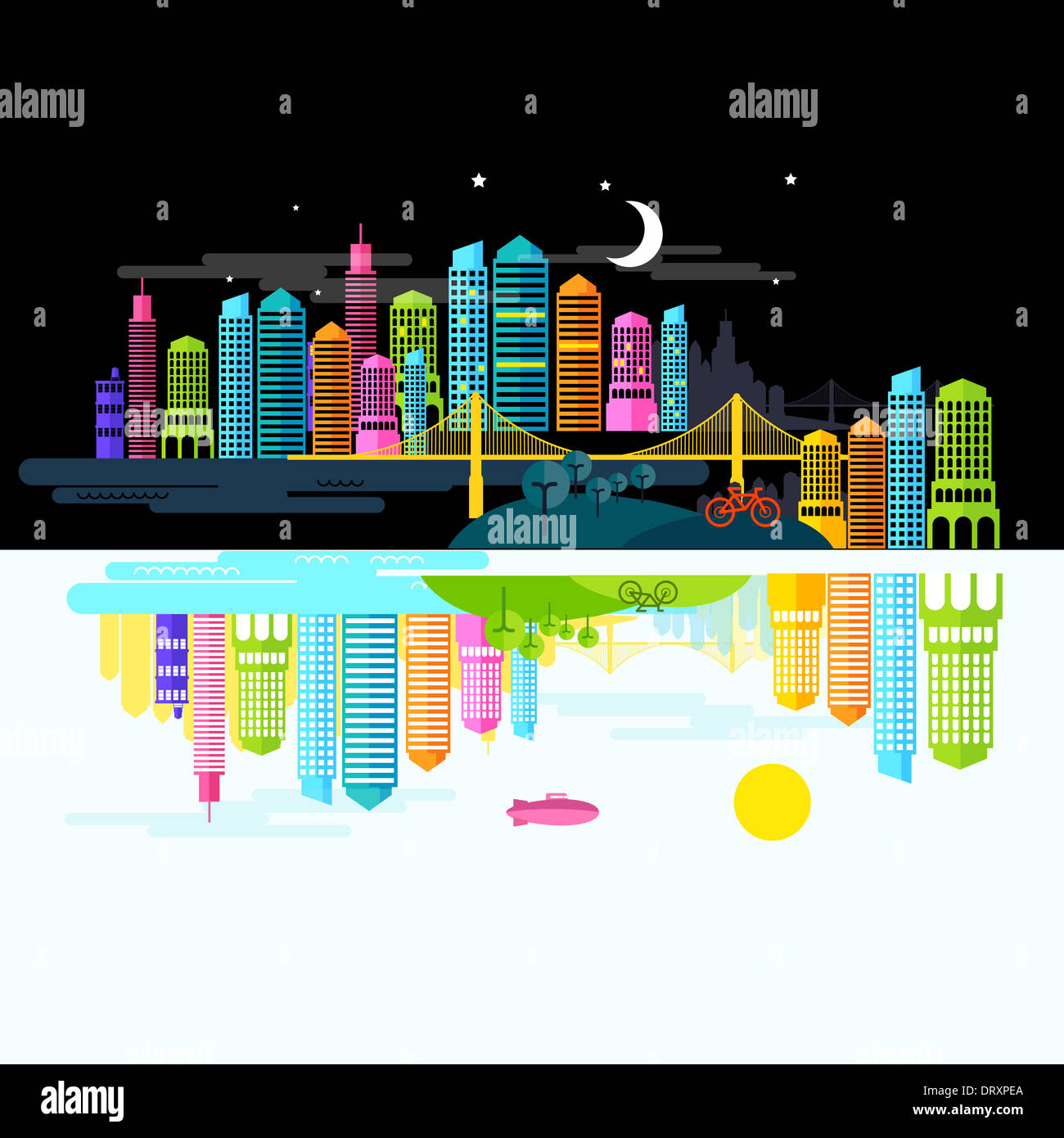 Stadt von Tag und Nacht - Vektor-Illustration Stockfoto