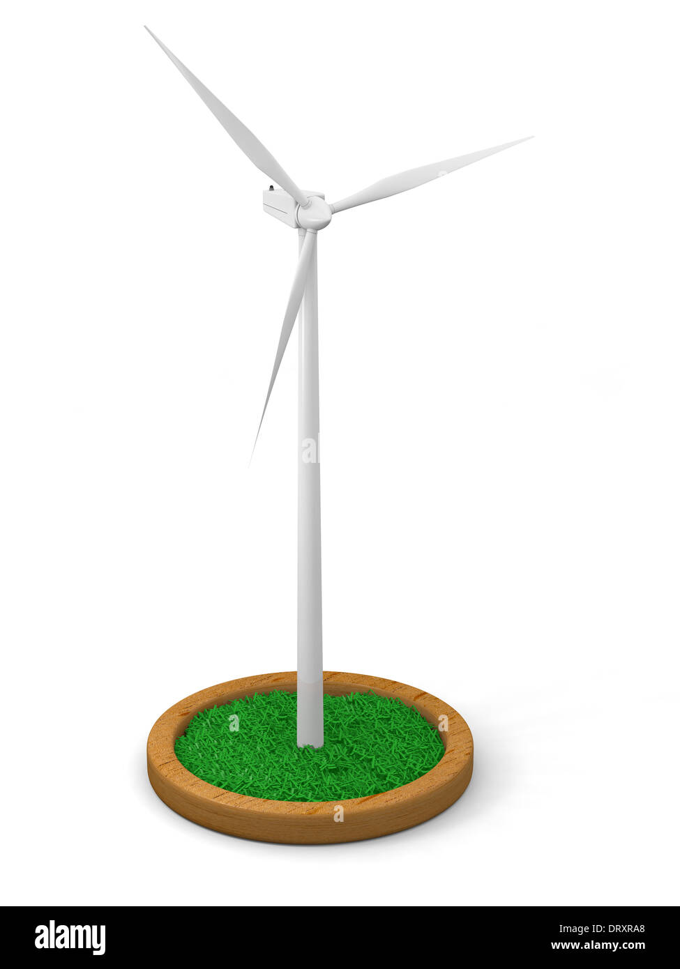 Modell der Windturbine mit grasbewachsenen Patch auf Holzständer mit weißem Hintergrund Stockfoto