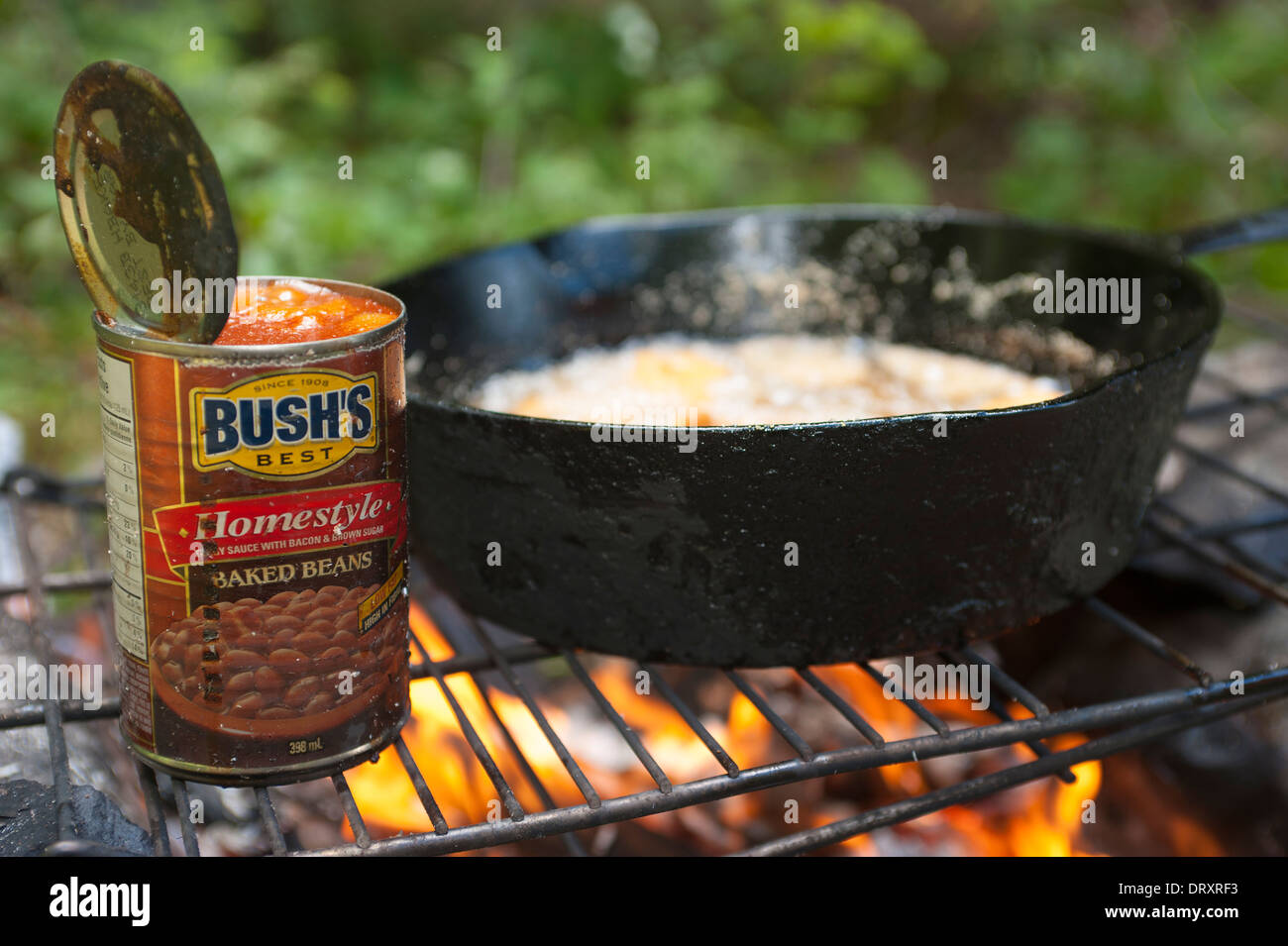 Kochen eine Mahlzeit im Freien über einer offenen Flamme. Stockfoto