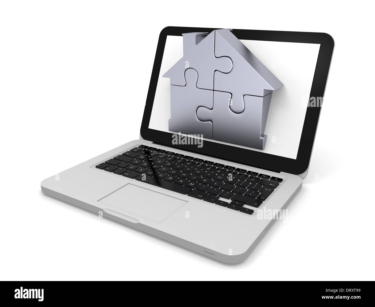 Haus-Symbol gemacht von vier silbernen Puzzleteile ragte aus Laptop-Bildschirm Stockfoto