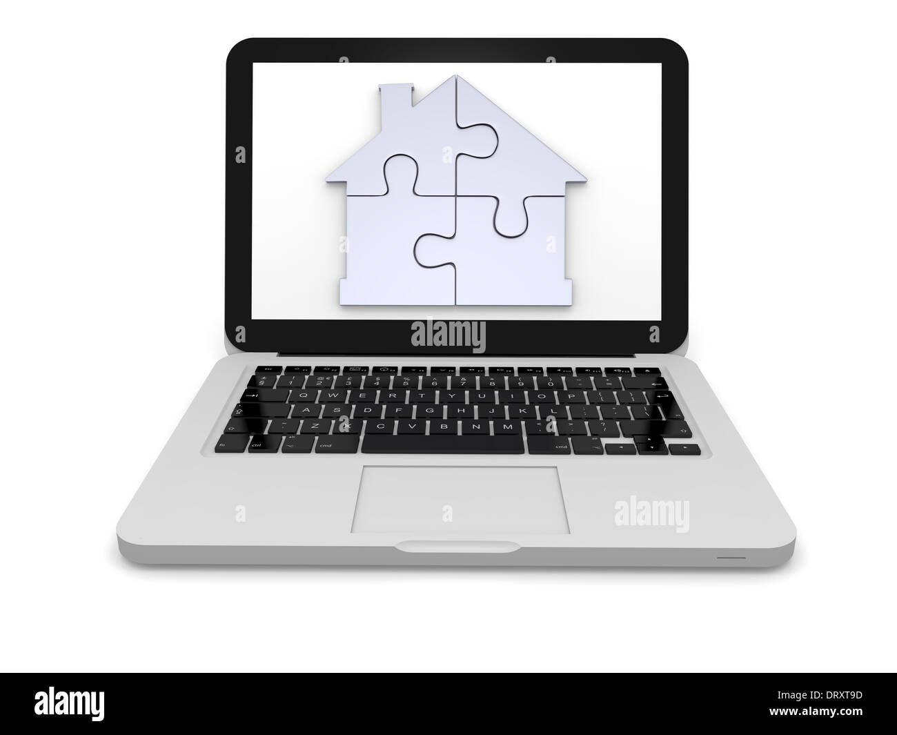 Silber Haus Symbol gemacht von vier Puzzleteile auf Laptop-Bildschirm Stockfoto