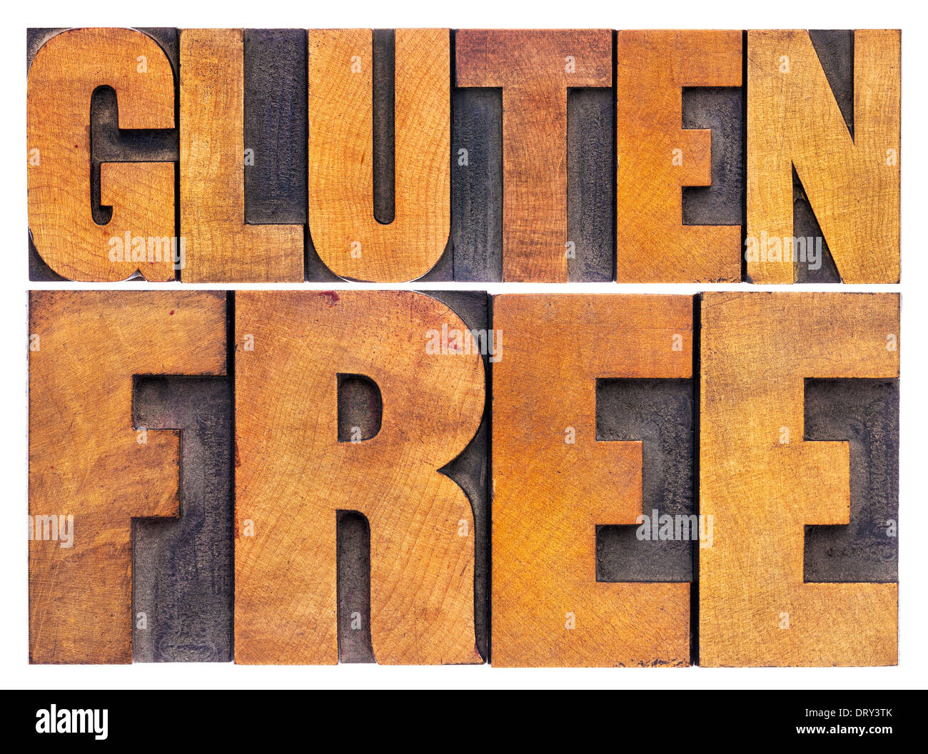 Gluten frei. diätetische Konzept - isolierten Text in Vintage Buchdruck Holzart Stockfoto