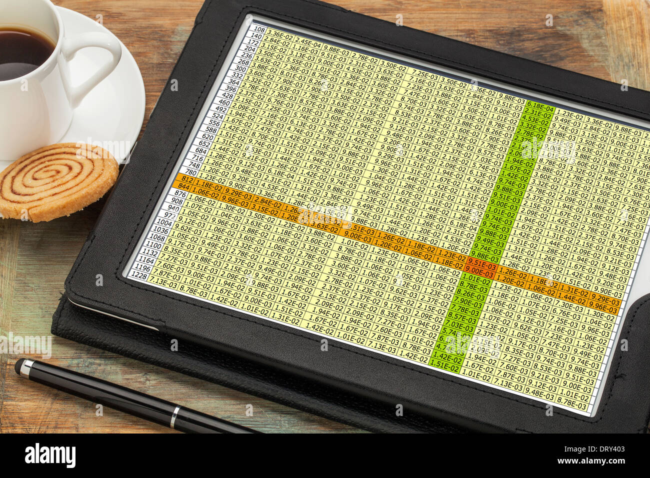 Business-Konzept - Daten-Tabelle auf einem digitalen Tablet mit einer Tasse Kaffee Stockfoto