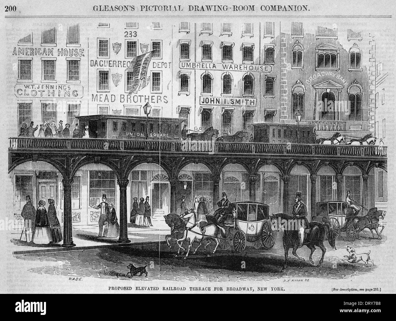 Vorgeschlagenen erhöhten Railroad Terrasse für Broadway, New York, von Gleason bildliche Salon Begleiter, 1854 Stockfoto
