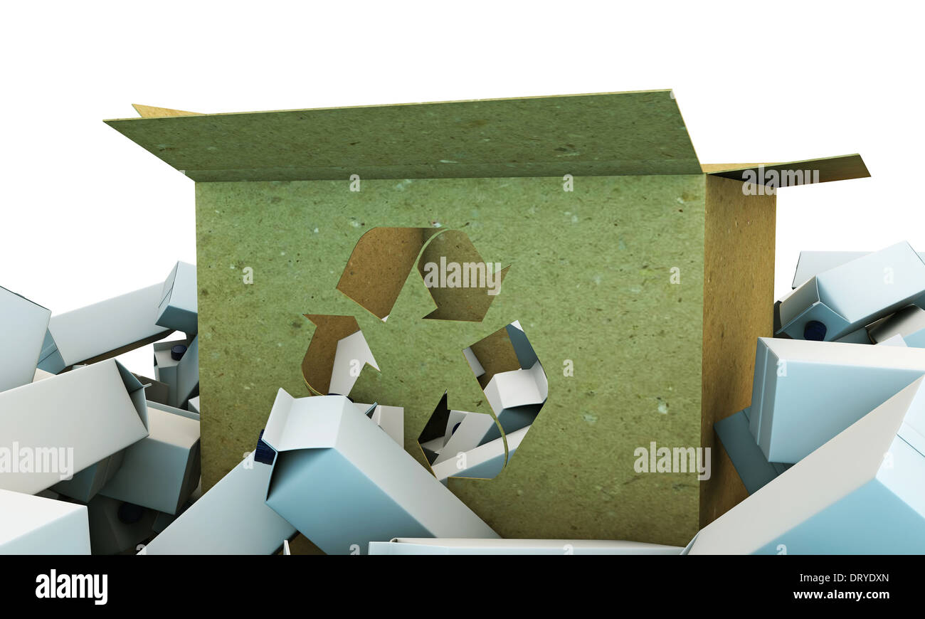 Karton mit Recycling-Zeichen auf Vorderseite Stockfoto