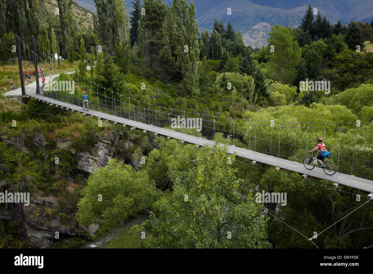 Mountainbiker, die Überquerung der Hängebrücke auf Brücken Flussfahrt Pfeil in der Nähe von Arrowtown, Otago, Südinsel, Neuseeland Stockfoto